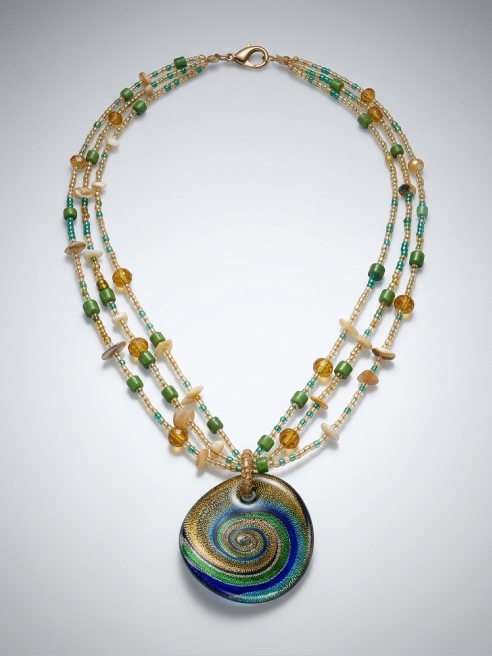 Multistrand Green and Gold Glass Pendant Necklace vintage bohemian stat
